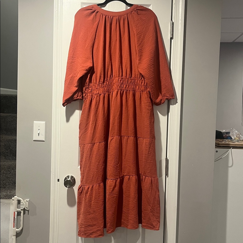 Lucky Brand Rust Tiered Midi Dress with Tie Neck woman’s XL - Picture 6 of 6